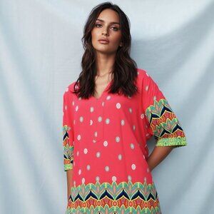 Isle by Melis Kozan Size Large Vibrant Floral Caftan Indian Tropical Tunic Dress